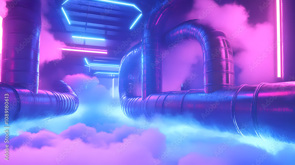Poster a hyper-futuristic industrial landscape with glowing neon pipelines and floating structures, set aga