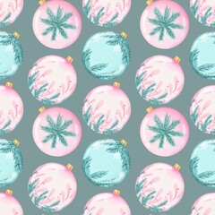 Christmas seamless pattern with pink and green balls,delicate watercolor illustration on background for your wallpaper,textile or wrapping paper.Decorative elements texture for wallpaper.