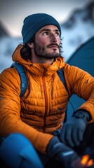 A man in an orange jacket and beanie sits thoughtfully near a tent in a mountainous landscape.