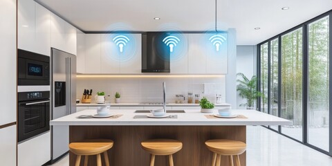 Modern kitchen with smart appliances communicating through a central hub, seamless efficiency,