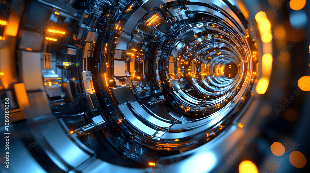 Poster A futuristic machine room with abstract, glowing components and vibrant light patterns reflecting on metallic surfaces. 4k resolution, cinematic scene