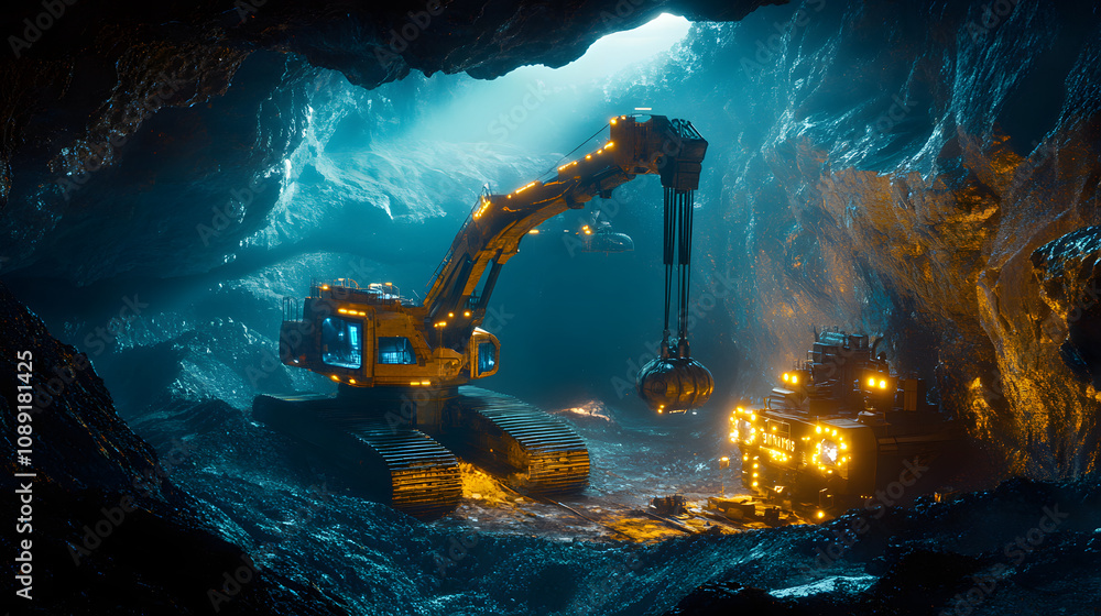 Poster a sci-fi inspired mining operation with luminous, robotic drills working on glowing mineral deposits