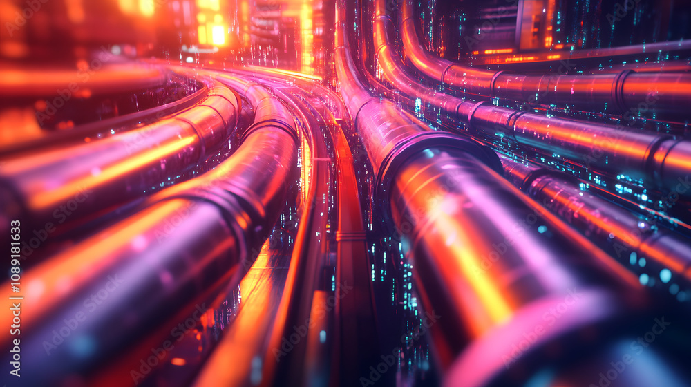 Poster a conceptual depiction of an industrial pipeline network, illuminated by vibrant colors and surround