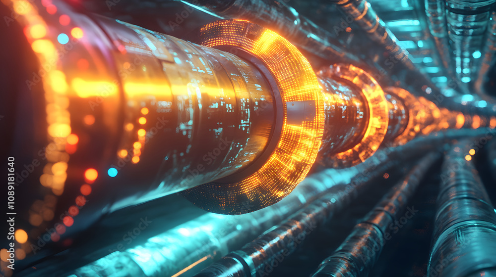 Poster a conceptual depiction of an industrial pipeline network, illuminated by vibrant colors and surround