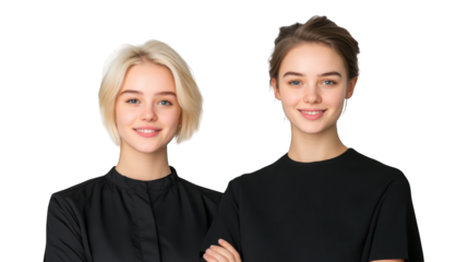 Two smiling young women posing together, showcasing friendship. Transparent background.