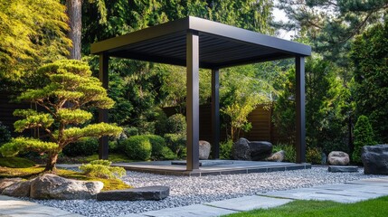 Obraz premium Square gazebo with sleek metal structure, in a zen garden with stones and bonsai trees 