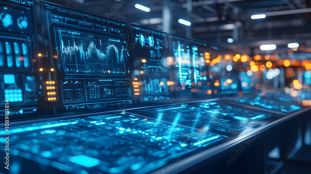 Poster a high-tech control room in a futuristic factory, with holographic data displays and glowing console