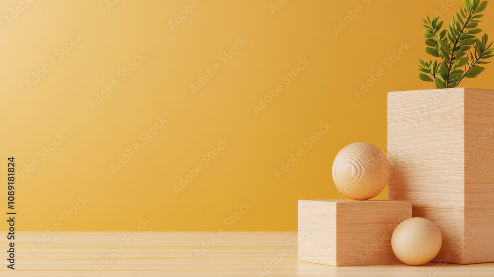 Poster artistic display of smooth wooden blocks and round shapes with vibrant yellow background perfect for