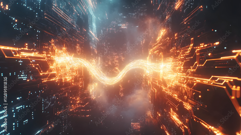 Poster A surreal rendering of a futuristic power grid, with abstract energy waves coursing through glowing circuits. 4k resolution, cinematic scene