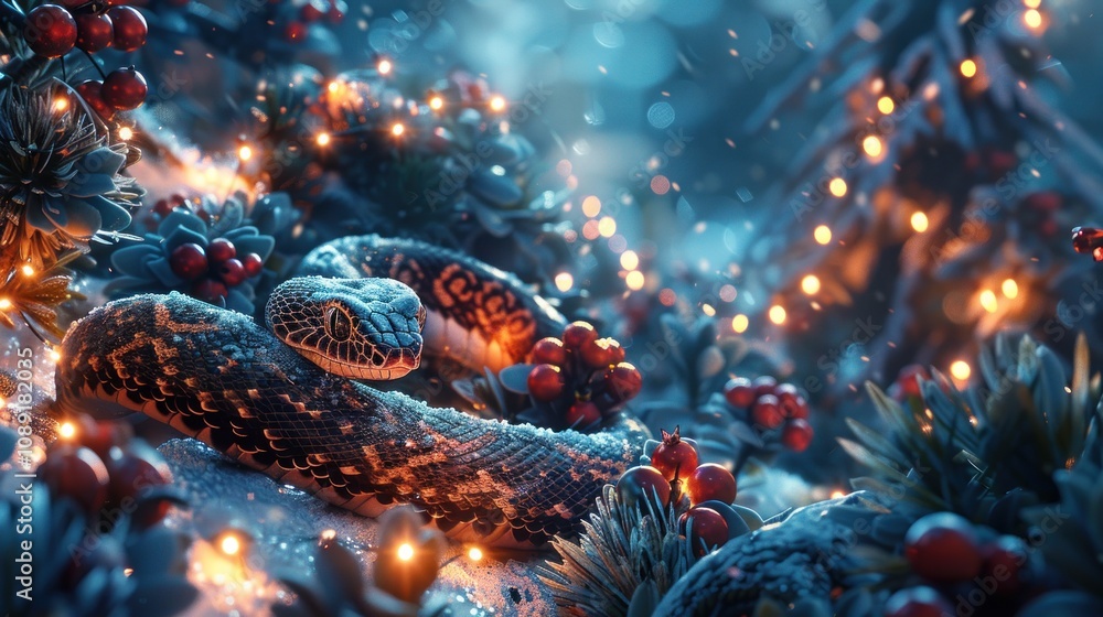 Poster a snake wrapped around a branch in a snowy forest, illuminated by twinkling lights.