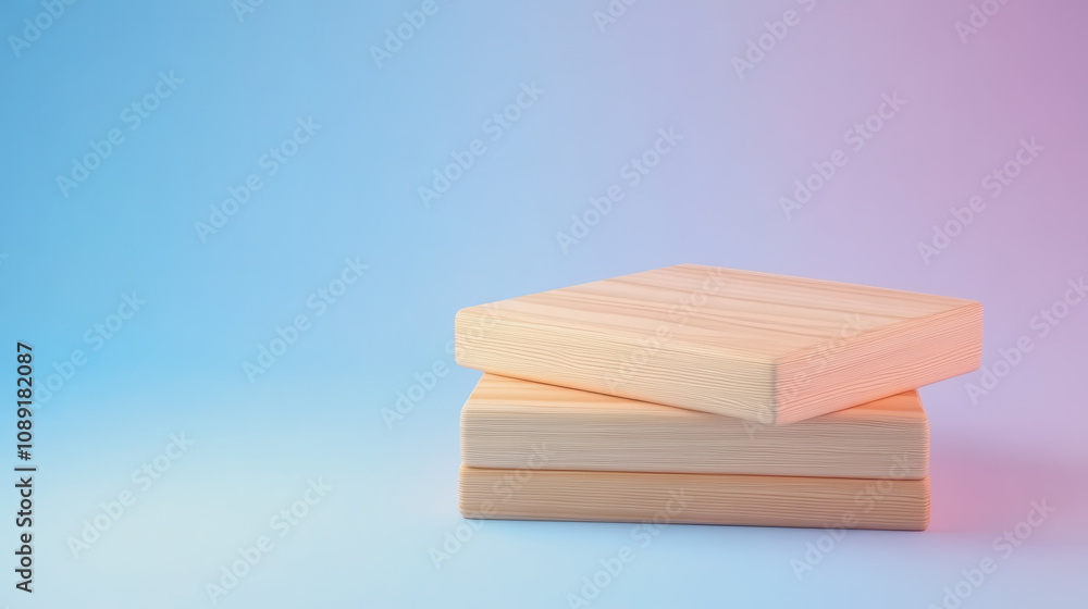 Poster elegant handmade wooden blocks on a smooth gradient background in soft tones, perfect for artistic d