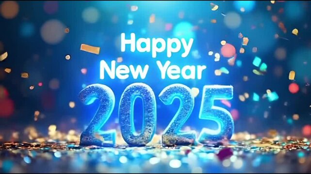 Confetti rains down in bright, festive colors like gold, red and blue, with "Happy New Year 2025" appearing in 3D in the center, surrounded by vibrant, abstract shapes.