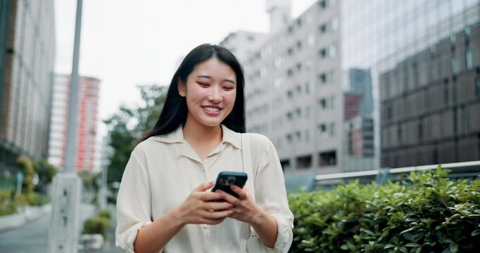Japanese, woman and scroll with smartphone in city, search and tourist with application for direction. Travel, female person and smile with mobile for online map, check location and walking in Tokyo