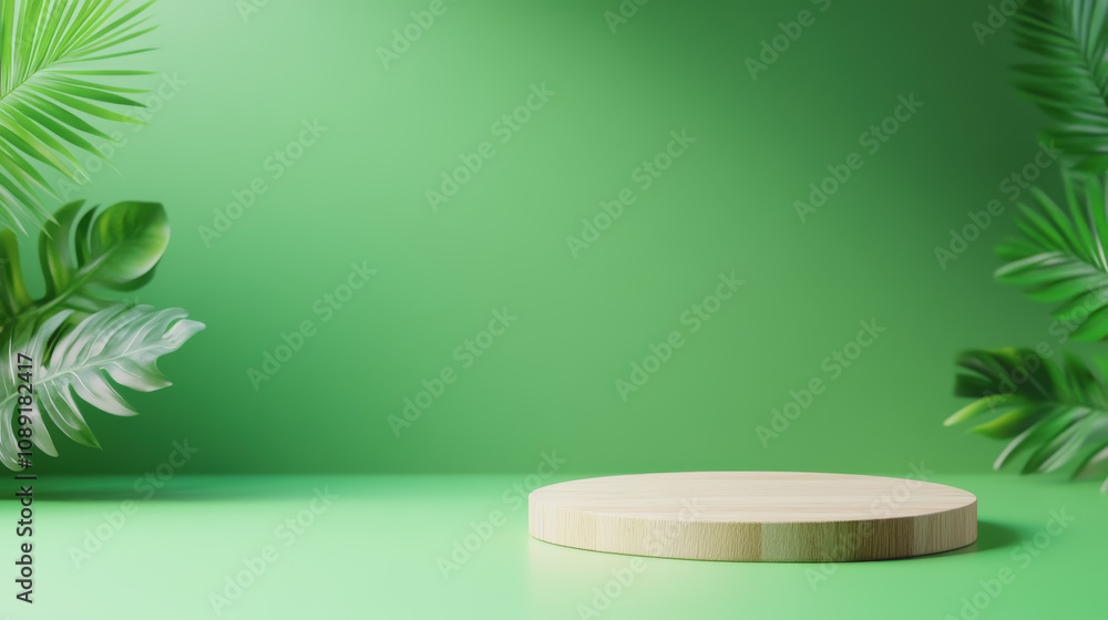 Poster smooth gradient background with circular wooden display stand surrounded by lush greenery for artisa