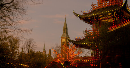 chinese temple in the night in Tivoli Copenhagen