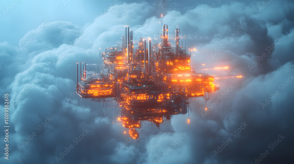 Poster a conceptual image of a floating industrial hub, glowing with vibrant energy and surrounded by abstr