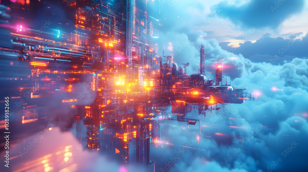 Poster a conceptual image of a floating industrial hub, glowing with vibrant energy and surrounded by abstr
