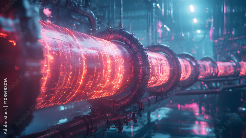 Poster a conceptual industrial pipeline glowing with abstract energy waves, set against a hyper-realistic s