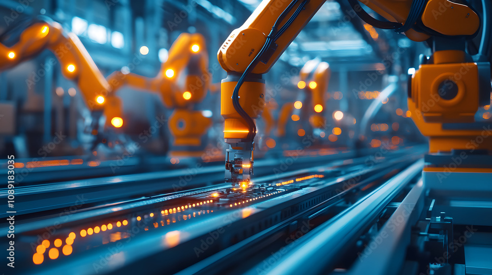 Aufkleber a futuristic rendering of a factory floor with glowing robotic arms assembling luminous components. 