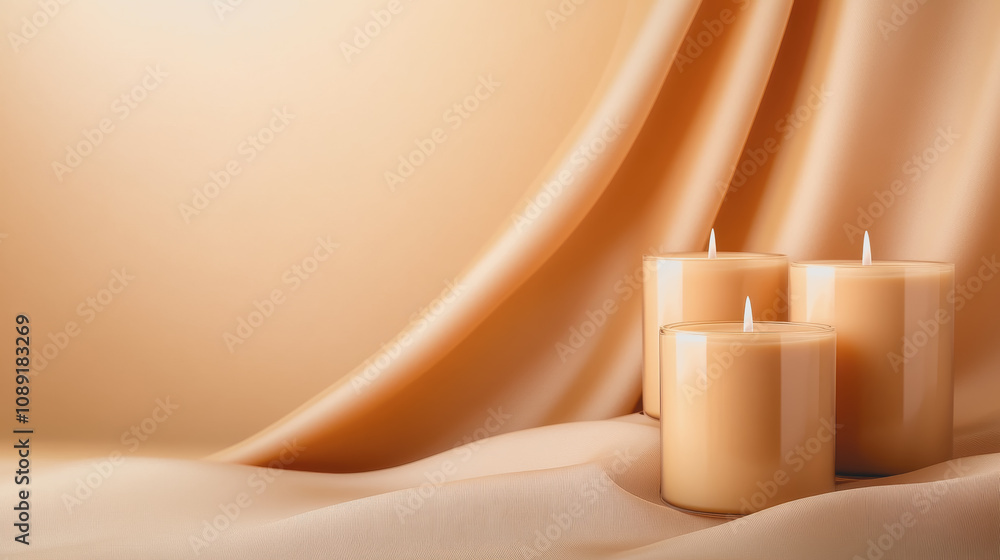 Poster elegant natural candles on smooth gradient background with draped fabric, perfect for crafts and han