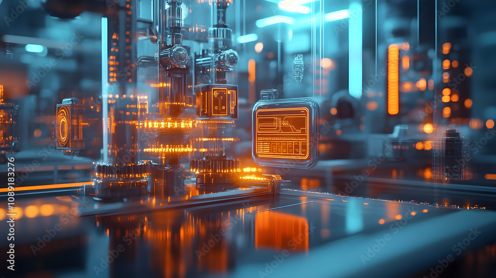 Poster a hyper-detailed futuristic factory with floating components and glowing holographic displays. 4k re