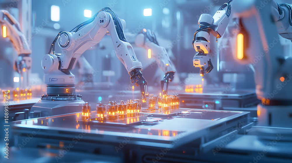 Aufkleber a futuristic rendering of a factory floor with glowing robotic arms assembling luminous components. 