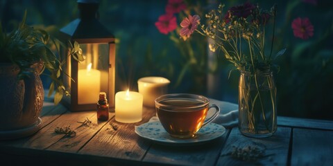 Nighttime wind-down routine with herbal tea, essential oils, and dimly lit soft ambiance,