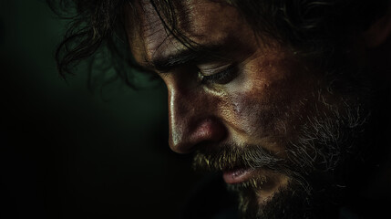 Obraz premium Profile of an addicted face in dim lighting - Sunken cheeks, hollow expression, unkempt hair, shadows casting mystery, cinematic style