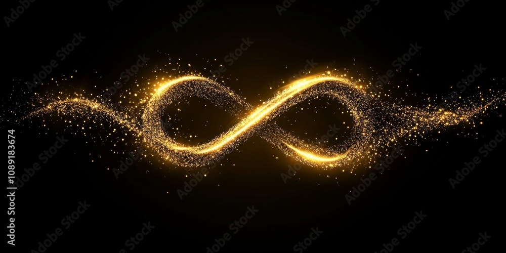 Poster infinite golden lines and dots: abstract digital art with depth and movement on dark background.