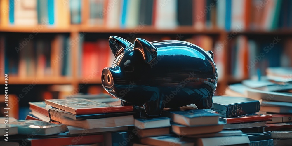 Aufkleber a black piggy bank sits atop a stack of books in a library setting.