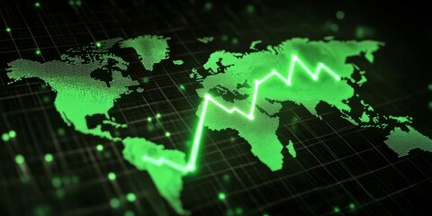 World Map Digital Illustration Showing Decline in Cancer Diagnoses with Futuristic Green Line Graph on Black Background