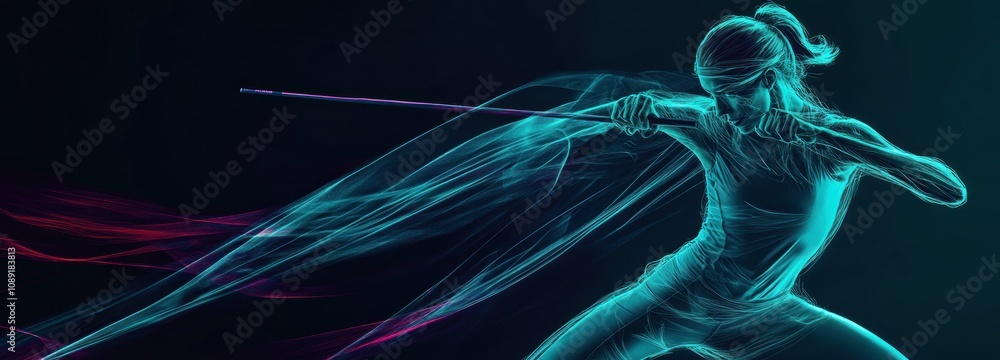 Poster a dynamic figure wielding a sword, surrounded by flowing light trails, suggesting motion and energy.