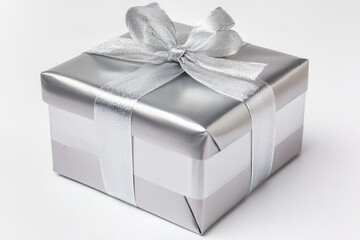 Silver gift box with satin ribbon on white background