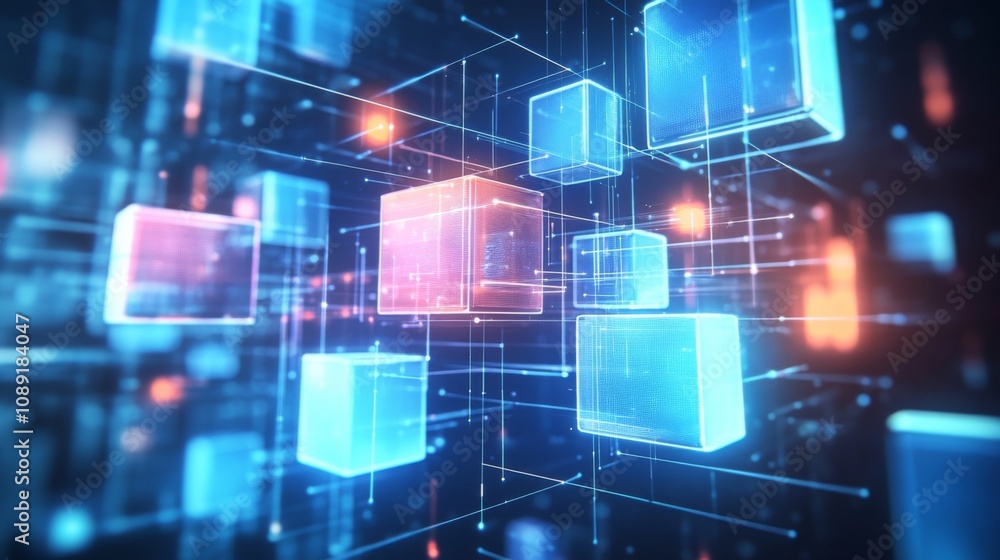 Poster futuristic digital artwork of a network or data center with varied boxes connected by lines on a dar