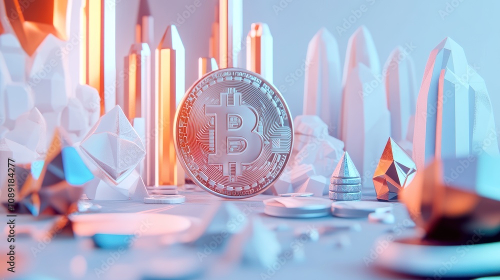 Aufkleber A Bitcoin coin surrounded by abstract geometric shapes and crystals in a futuristic setting.