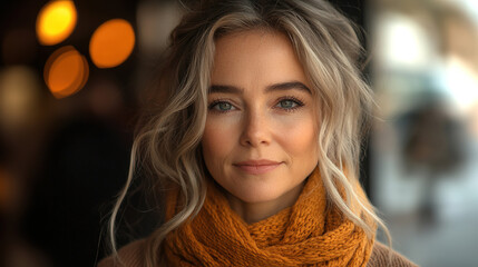 Woman with wavy hair and cozy scarf poses warmly during a bright day in an urban setting. Generative AI