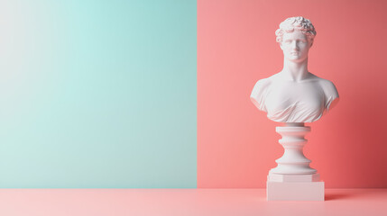 Striking White Marble Bust on Smooth Gradient Background, Handmade Artisan Craft with Detail and Captivating Color Contrast in a Contemporary Setting