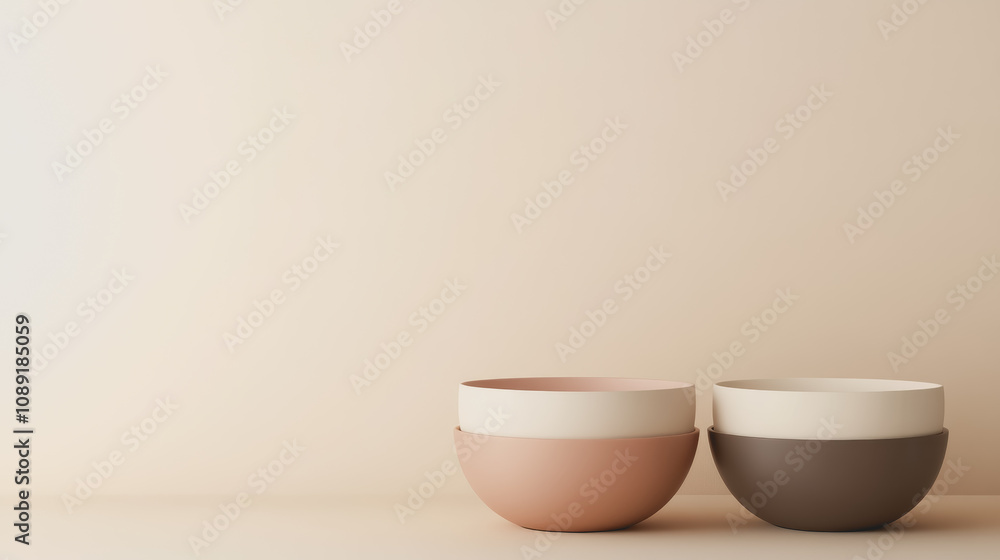 Poster handmade ceramic bowls displayed on a smooth gradient background, showcasing a modern aesthetic with
