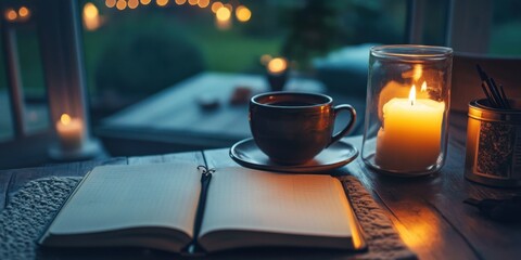 Quiet evening journal with reflection prompts, tea, and a peaceful candlelit room,
