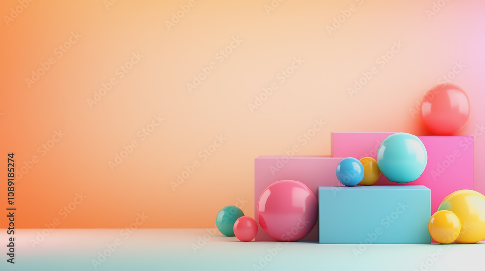 Poster vibrant 3d geometric composition featuring smooth gradient background with handcrafted blocks and sp