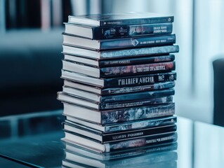 Classic Movie DVD Collection Stacked Glass Table Home Interior Cinematic Nostalgia Modern Environment Close-up