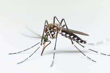 Close-Up Image of an Aedes Mosquito Showcasing Its Detailed Physical Features and Unique Color Patterns for Scientific Study and Reference