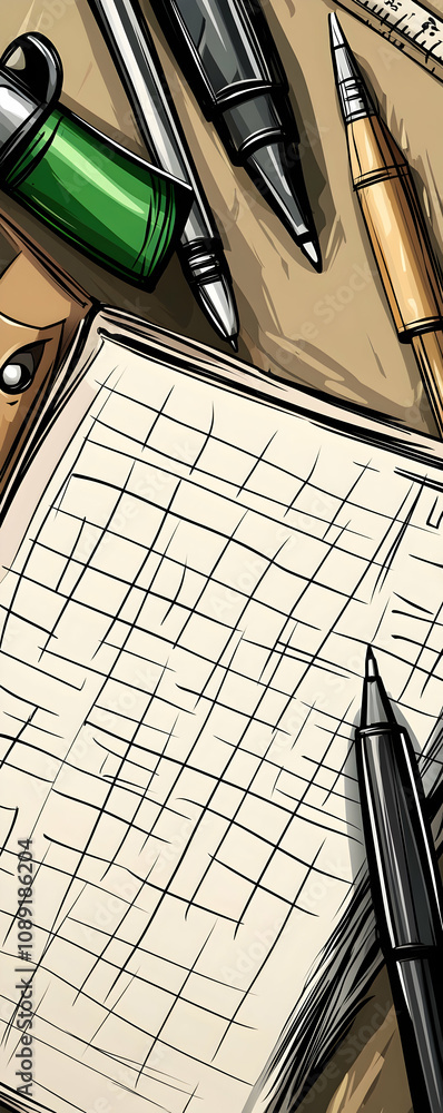 Poster gridded document with various writing tools.