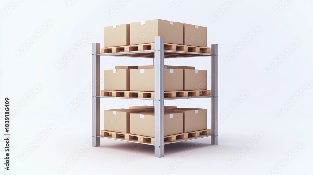 Poster a metal shelving unit with cardboard boxes stacked for storage or organization.