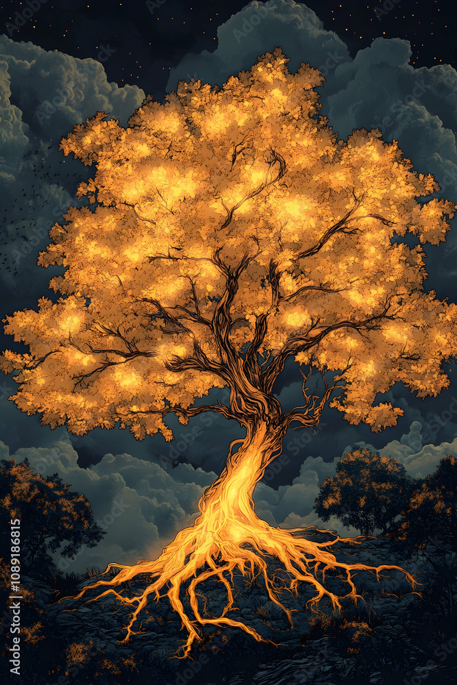 Canvas Prints illuminated tree with glowing roots against a dark night sky.