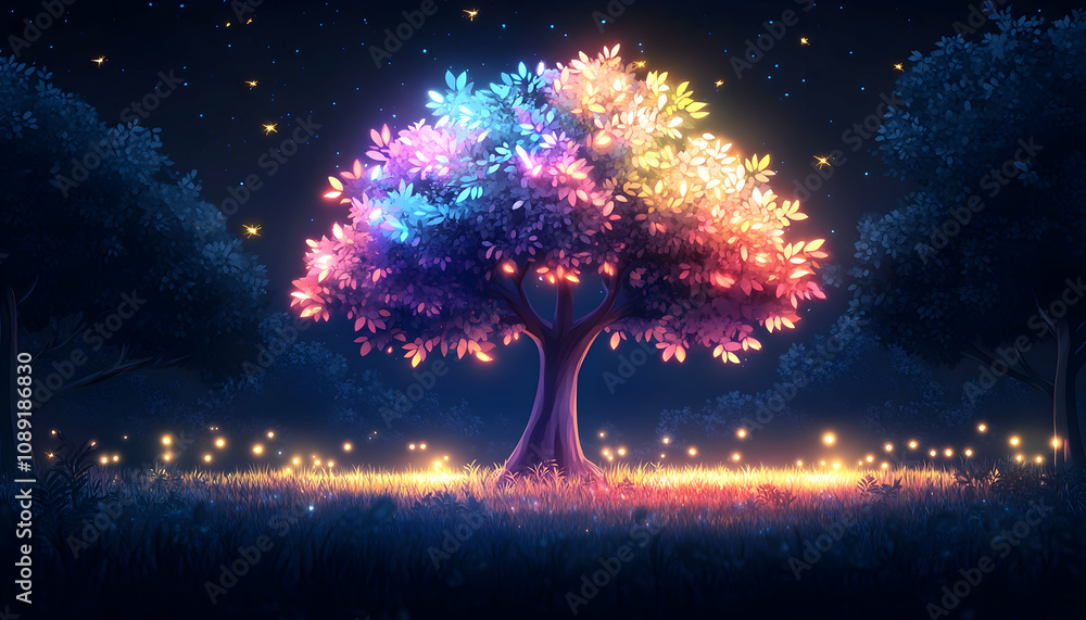 Canvas Prints illuminated tree in a mystical night forest.