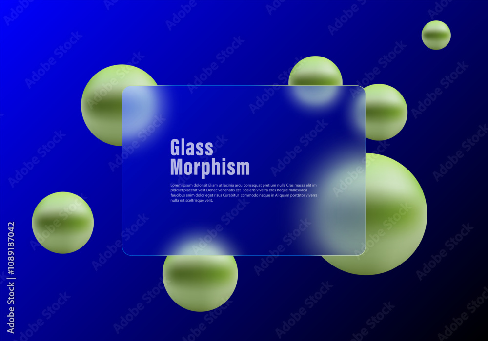 Aufkleber glass morphism website landing page template. frosted glass partition with floating spheres.