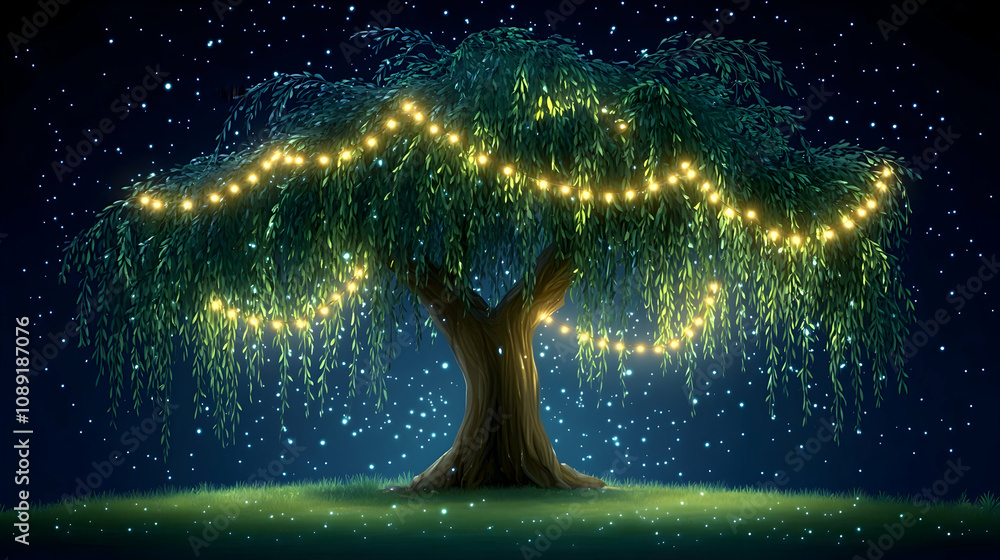 Canvas Prints luminous weeping willow tree at night.