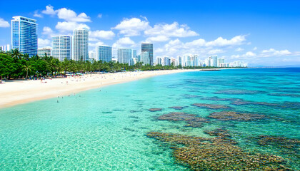 Obraz premium Stunning Waikiki Beach panorama showcasing turquoise waters, white sand, and high-rise hotels under a vibrant blue sky. Ideal for travel, vacation, and resort marketing.