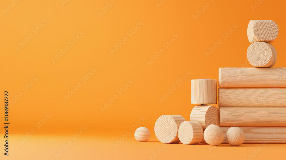 Poster stacked wooden blocks on a smooth orange background showcasing handmade craftsmanship in a 3d arrang